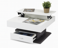 Rotating Lift-Top Coffee Table – High-Gloss White with Storage Drawer