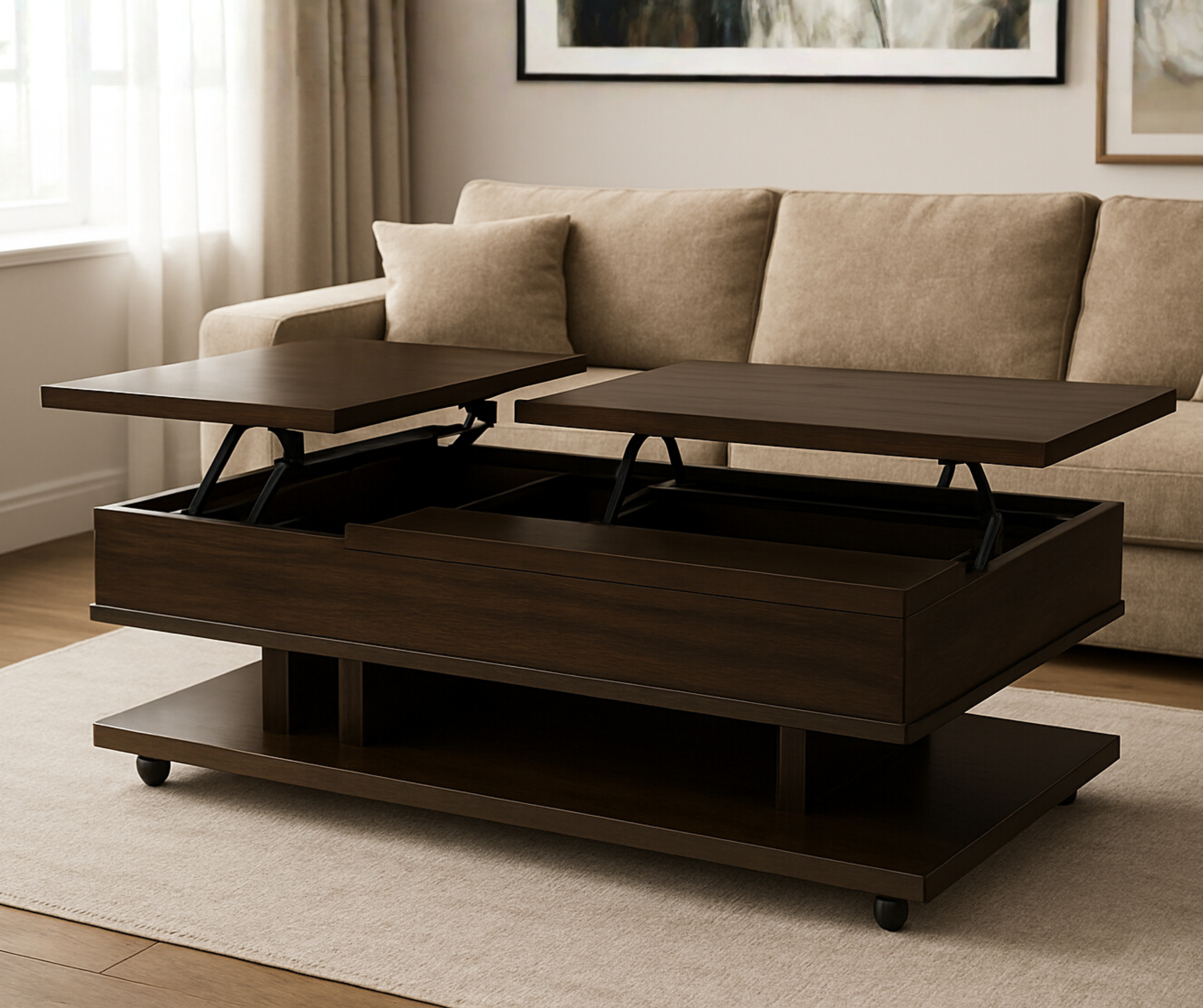 hani Coffee Table – Dual Lift-Top Design with Hidden Storage & Casters