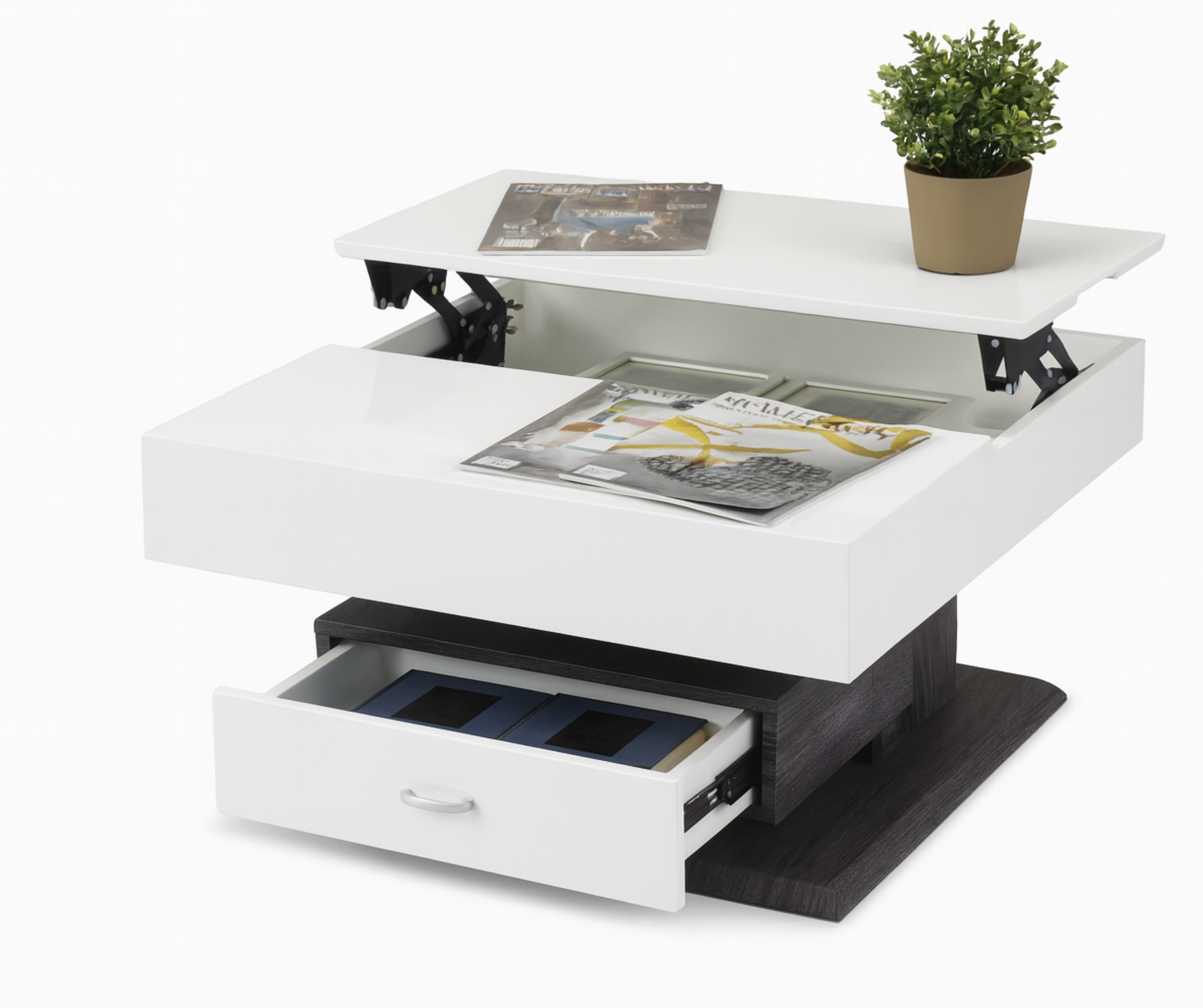 Rotating Lift-Top Coffee Table – High-Gloss White with Storage Drawer