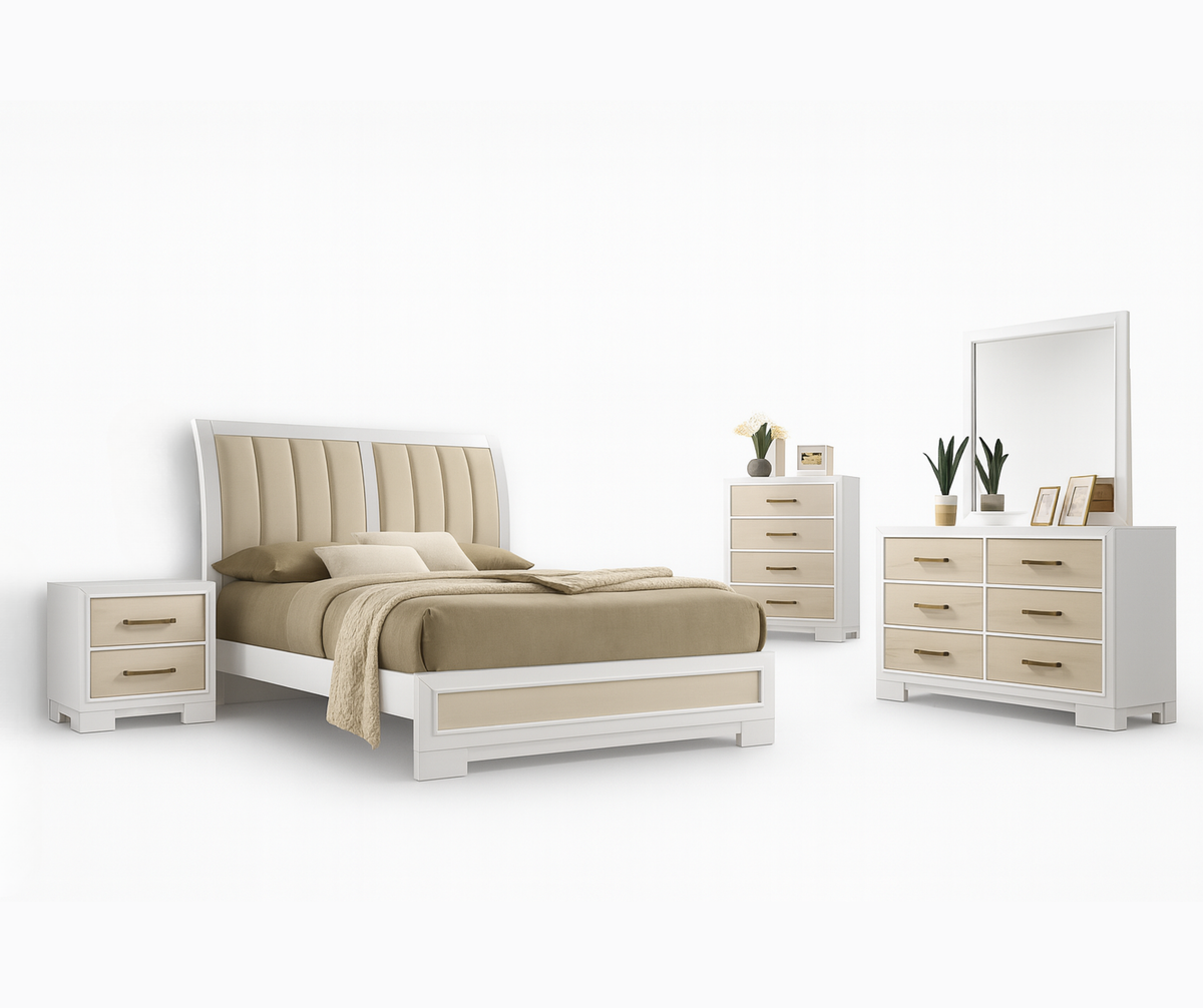 Flora 8-Piece Queen Bedroom Set – White Finish with Upholstered Headboard
