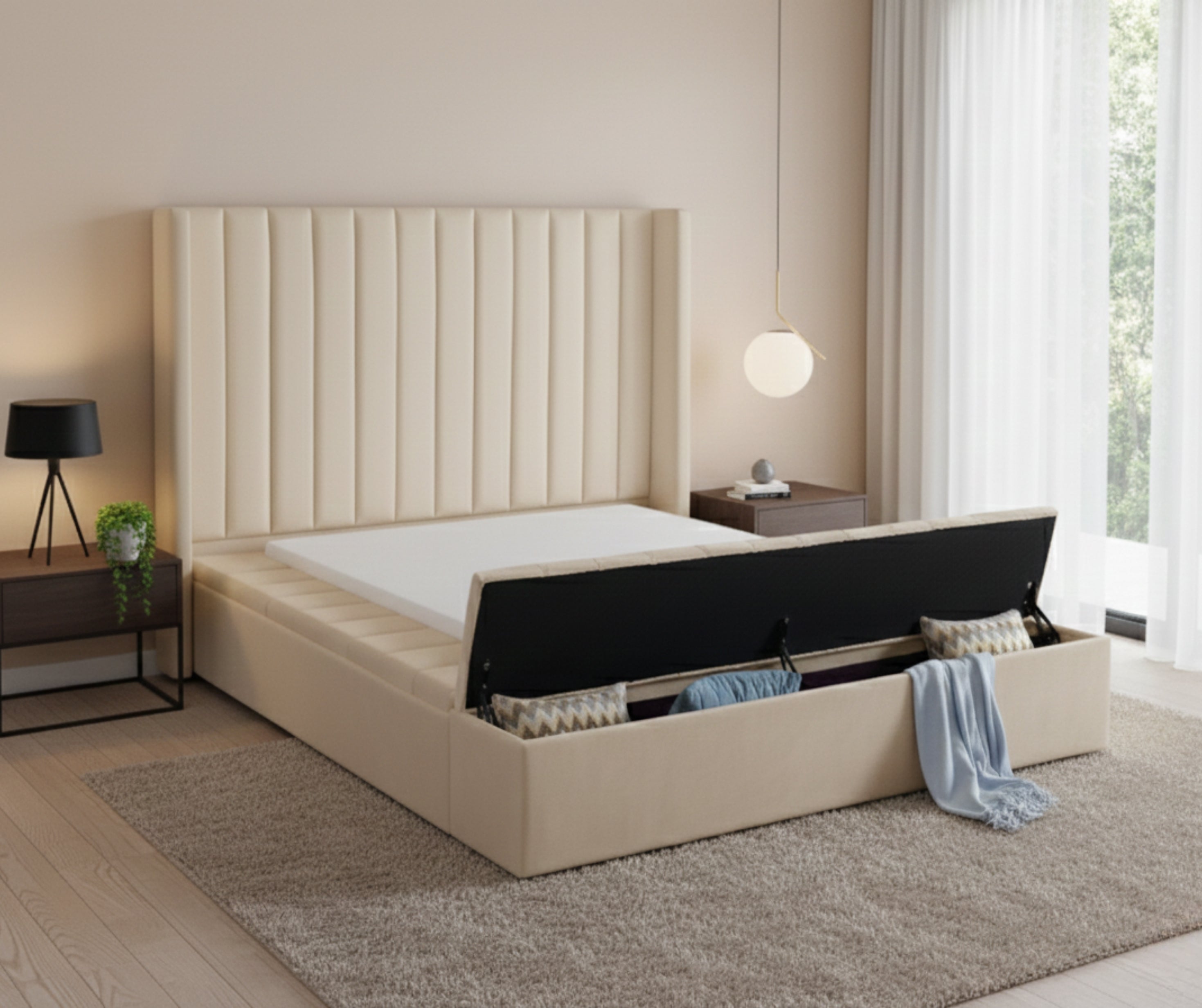 IF-5720 Velvet Storage Bed with Benches – Cream