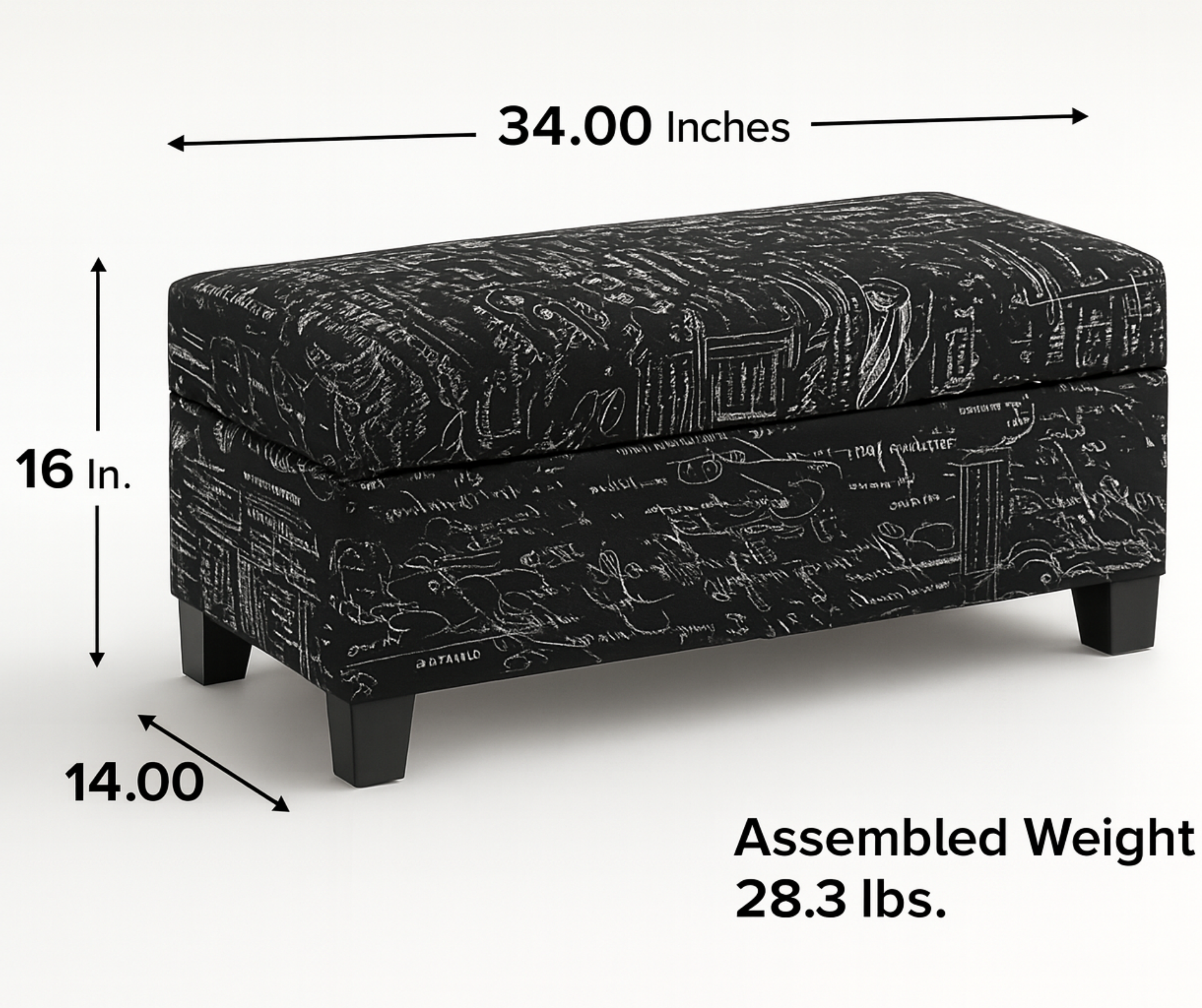 Storage Ottoman – Black Script Fabric