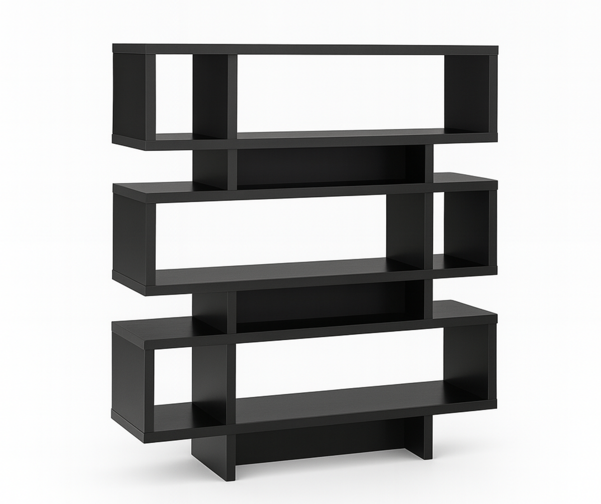 Open-Concept Multi-Tier Bookshelf – Black Finish