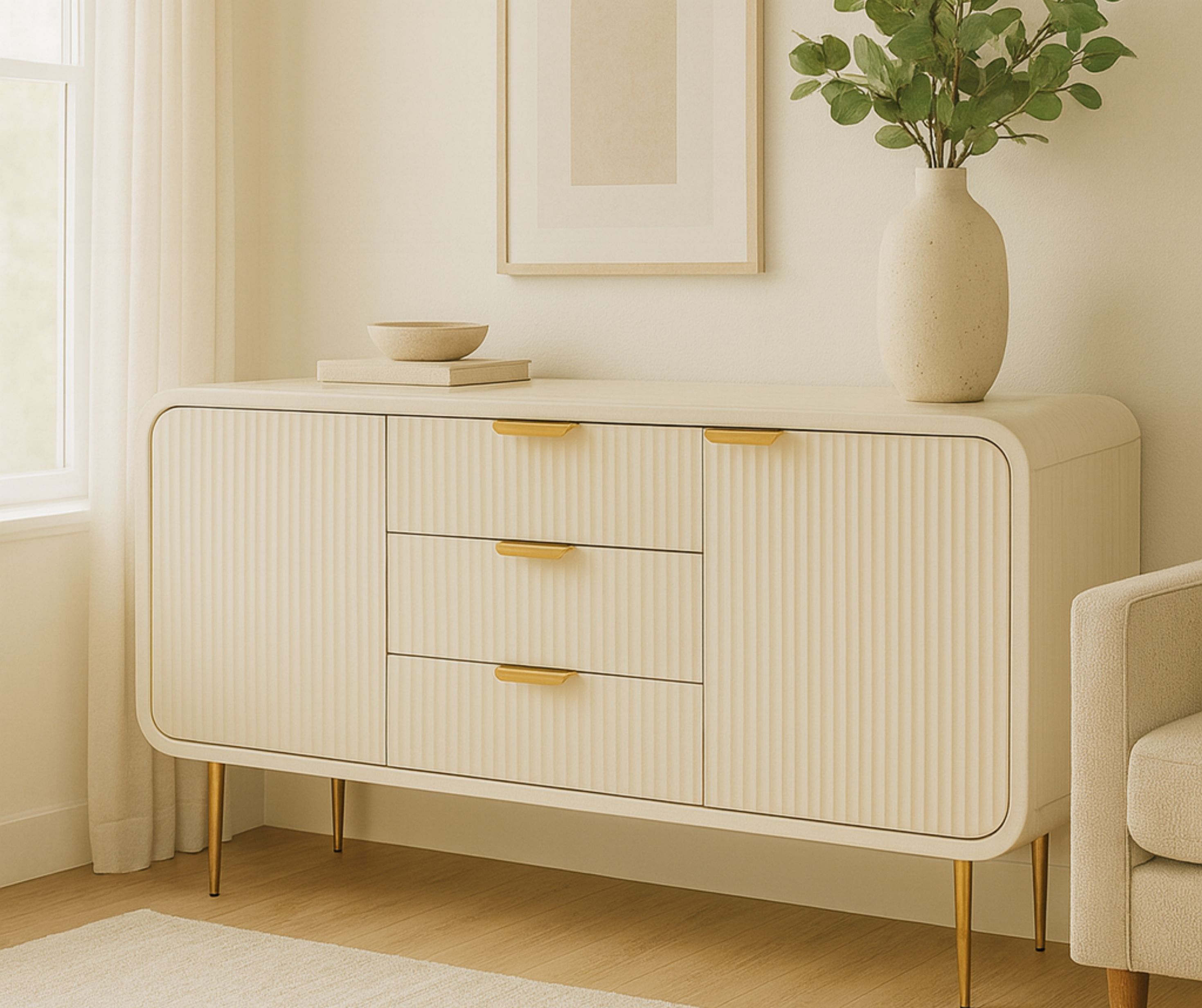 Riverside Storage Cabinet – White Mango Wood with Gold Accents