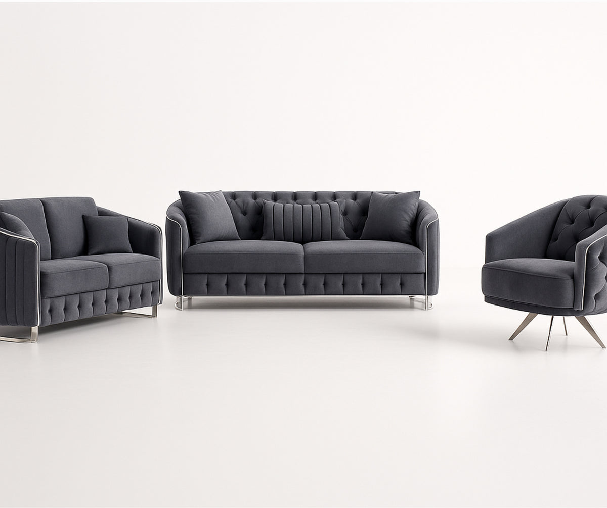 Rosa Turkish Velvet Sofa Set – Black & Grey