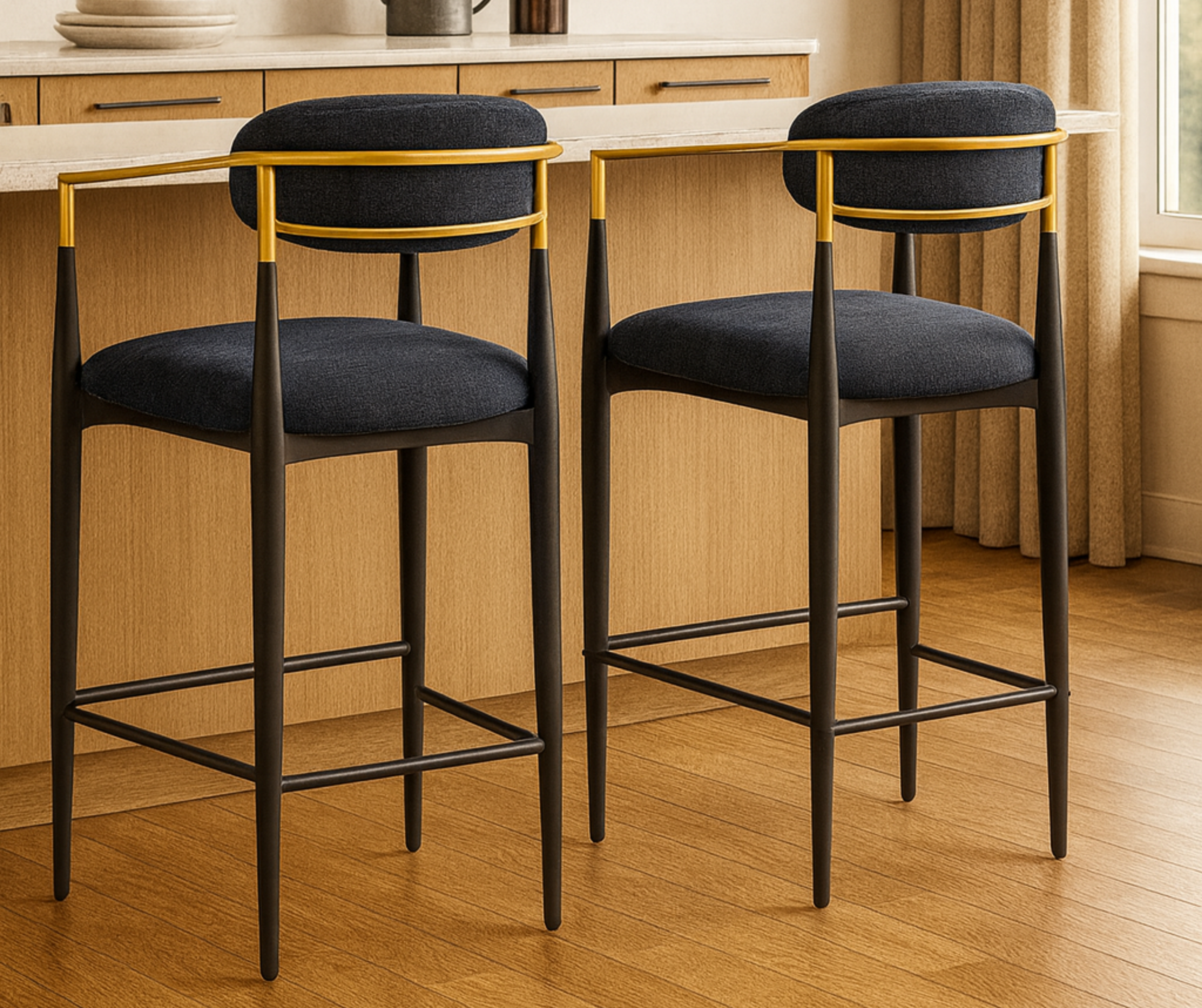 Mykos Counter Stools (Set of 2) – Black & Gold Frame with Textured Fabric