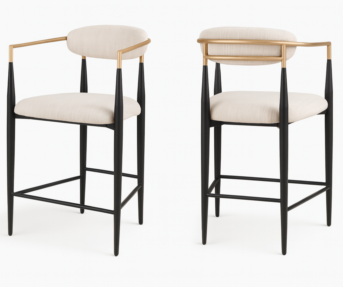Mykos Counter Stools (Set of 2) – Beige Textured Fabric & Black/Gold Frame