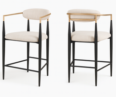Mykos Counter Stools (Set of 2) – Beige Textured Fabric & Black/Gold Frame