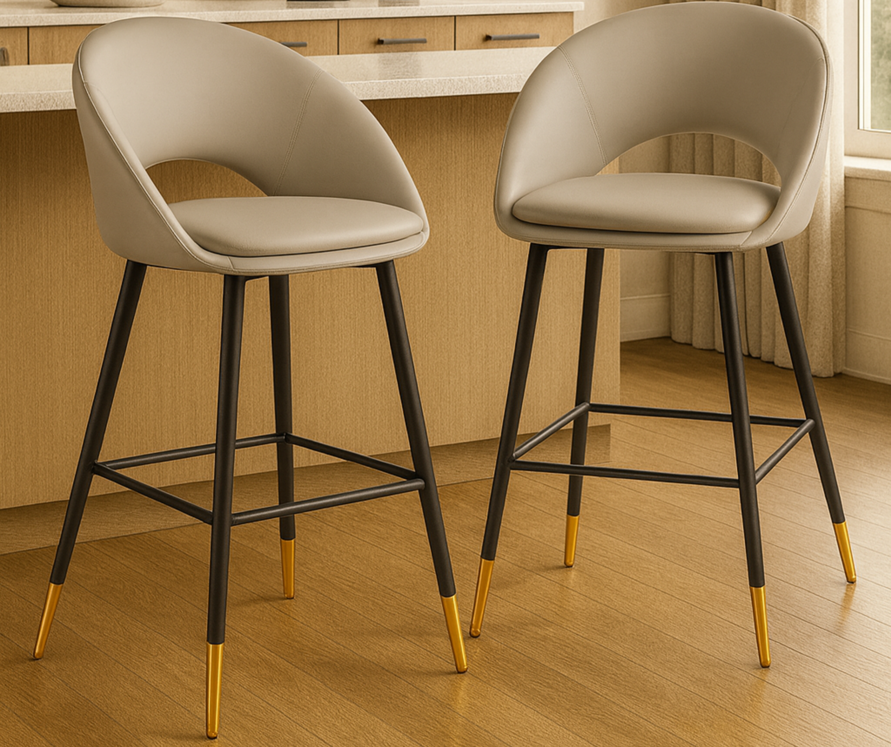 Mila Counter Stools (Set of 2) – Grey Fabric with Gold Accents