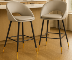 Mila Counter Stools (Set of 2) – Grey Fabric with Gold Accents